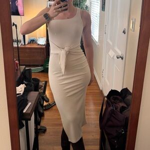 Reformation Cream Midi Knit One Shoulder Waist Tie Knot ribbed dress size xs